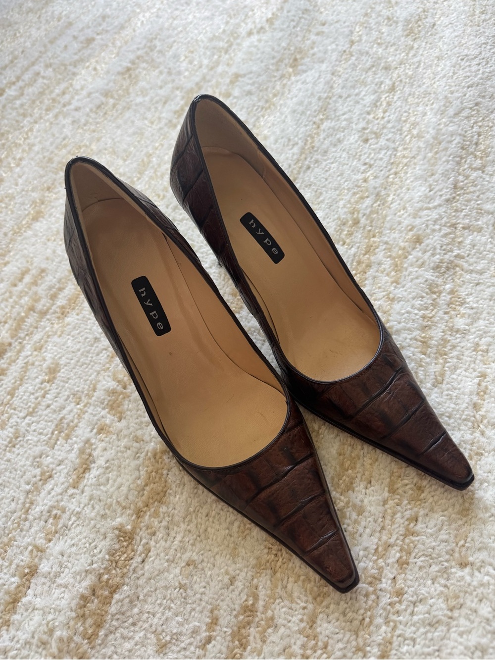 Hype Croc-Embossed Pointed Toe Pumps in Brown